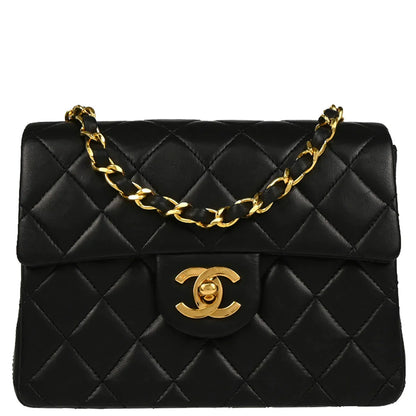 Chanel 1986-1988 Black Lambskin Mini Classic Square Flap Shoulder Bag