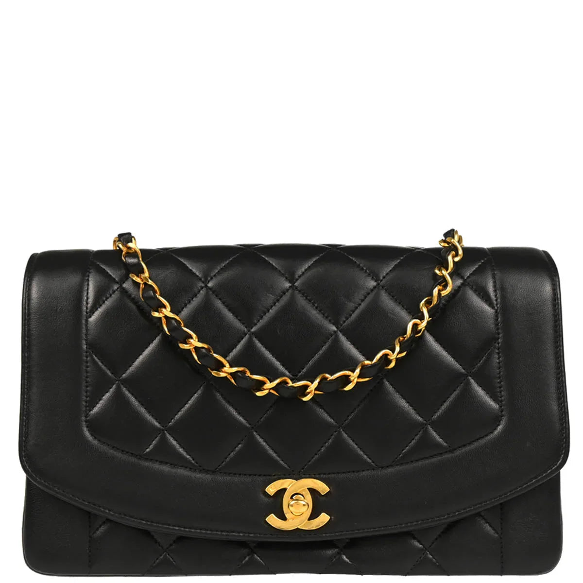 Chanel 1991-1994 Black Lambskin Medium Diana Shoulder Bag