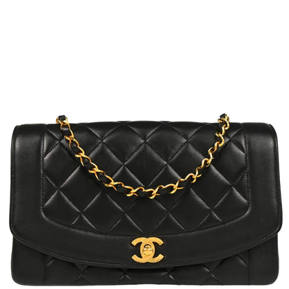 Chanel 1991-1994 Black Lambskin Medium Diana Shoulder Bag