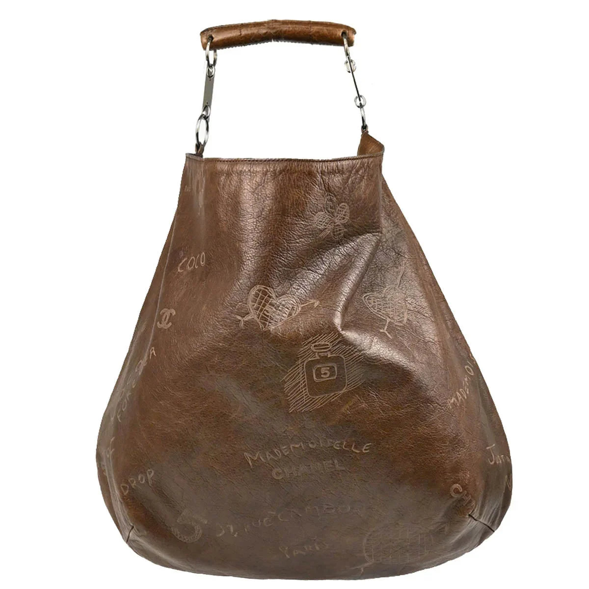 Chanel 2003-2004 Brown Calfskin Graffiti Mademoiselle Hobo Handbag