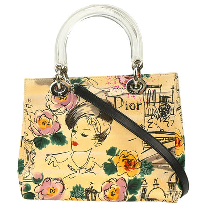 Christian Dior 2005 Beige Canvas Medium Lady Dior 2way Shoulder Handbag