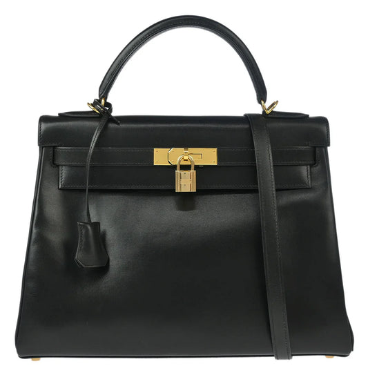 Hermes 2002 Black Box Calf Kelly 32 Retourne 2way Shoulder Handbag
