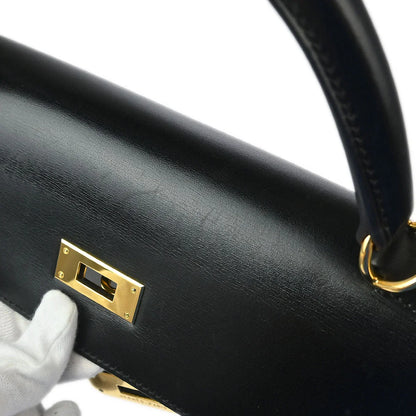 Hermes 2002 Black Box Calf Kelly 32 Retourne 2way Shoulder Handbag