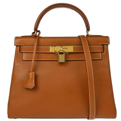 Hermes 1997 Gold Courchevel Kelly 28 Retourne 2way Shoulder Handbag