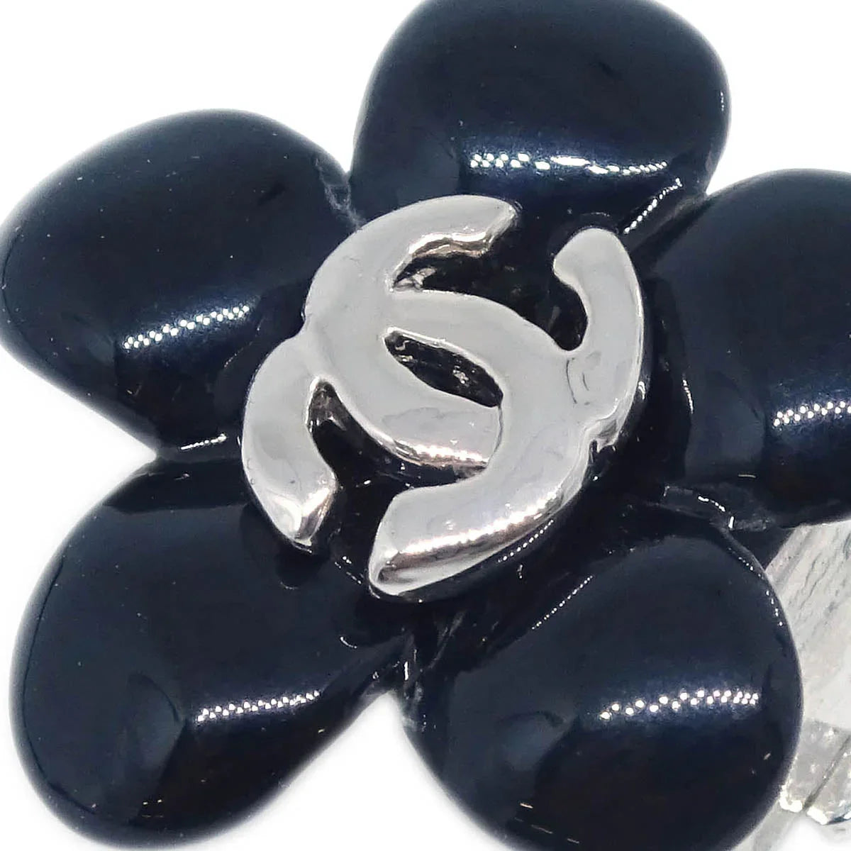 Chanel Flower Earrings Clip-On Silver Black 05P