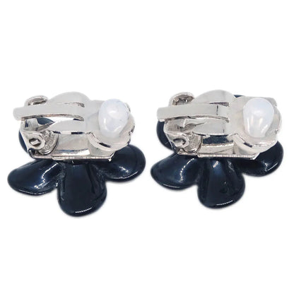 Chanel Flower Earrings Clip-On Silver Black 05P