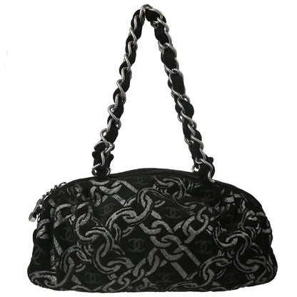 Chanel 2005-2006 Black Silver Cotton Jacquard Chain Handbag