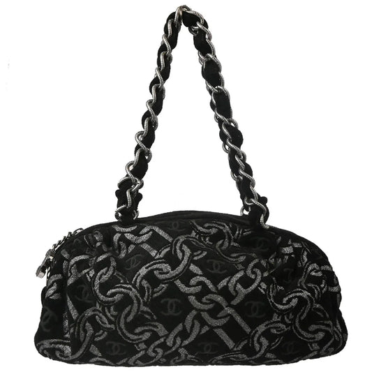 Chanel 2005-2006 Black Silver Cotton Jacquard Chain Handbag