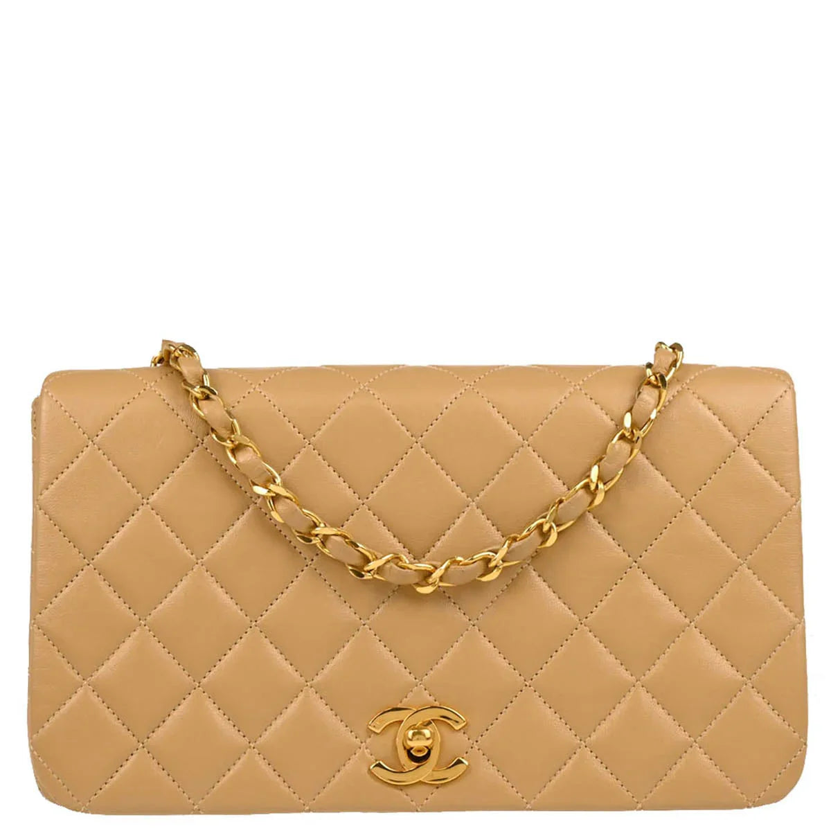 Chanel 1989-1991 Beige Lambskin Turnlock Small Full Flap Shoulder Bag