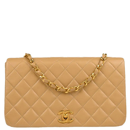 Chanel 1989-1991 Beige Lambskin Turnlock Small Full Flap Shoulder Bag
