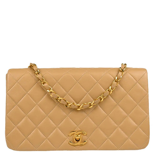 Chanel 1989-1991 Beige Lambskin Turnlock Small Full Flap Shoulder Bag