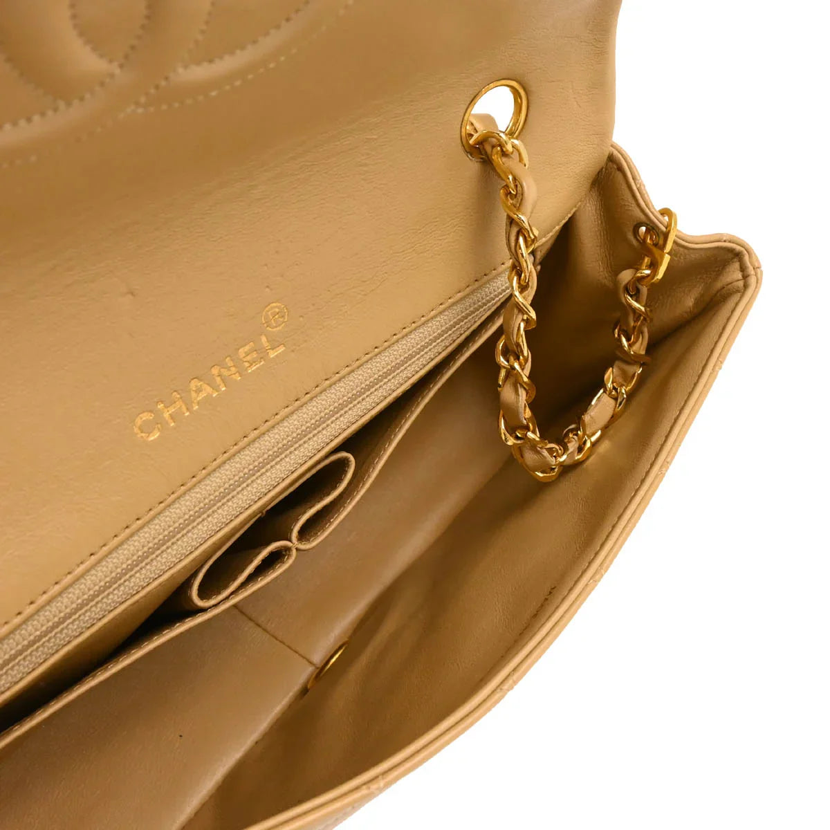 Chanel 1989-1991 Beige Lambskin Turnlock Small Full Flap Shoulder Bag