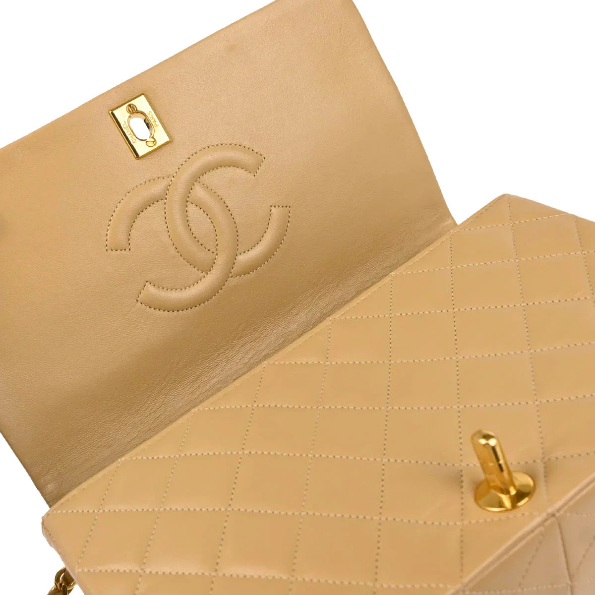 CHANEL ベージュ レザー Chanel 1989-1991 Beige Lambskin Turnlock Small Full Flap