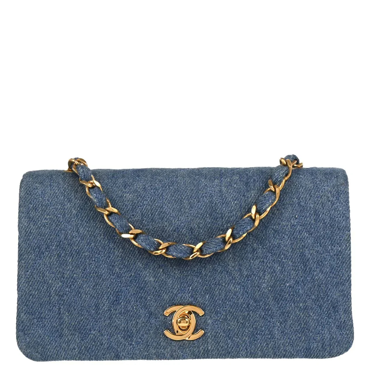 Chanel 1989-1991 Light Blue Denim Turnlock Mini Full Flap