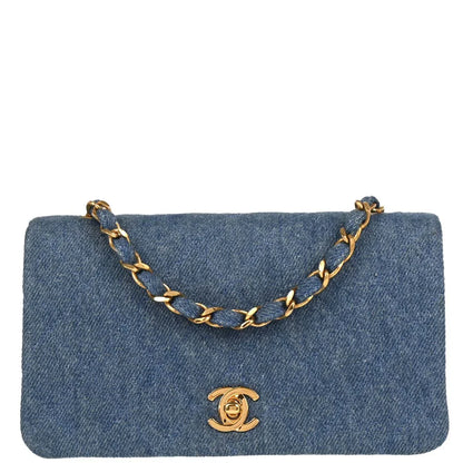 Chanel 1989-1991 Light Blue Denim Turnlock Mini Full Flap Shoulder Bag