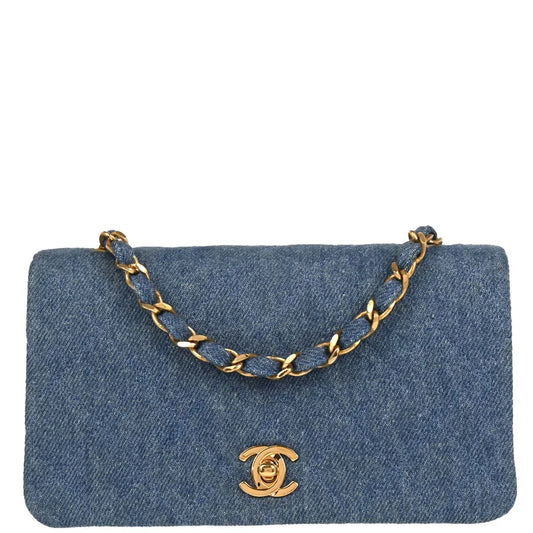 Chanel 1989-1991 Light Blue Denim Turnlock Mini Full Flap Shoulder Bag