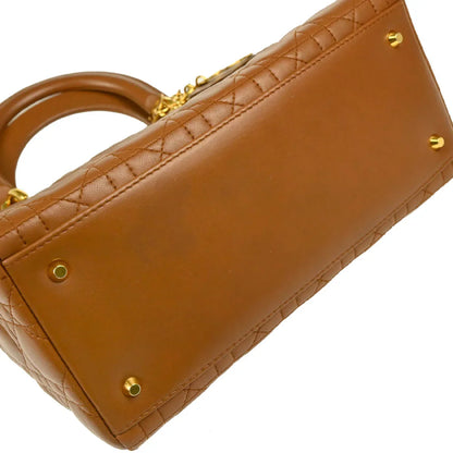 Christian Dior Brown Lambskin Medium Lady Dior Cannage 2way Handbag