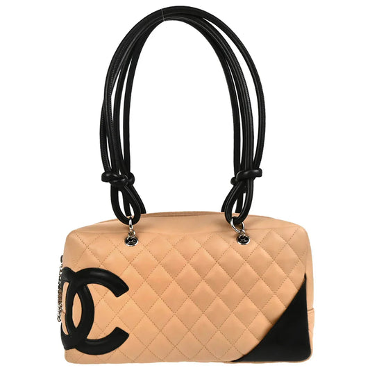Chanel 2005-2006 Beige Black Calfskin Cambon Ligne Bowling Bag