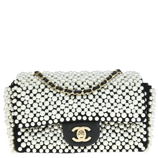 Chanel * 2019 Black White Satin Costume Pearl Shoulder Bag