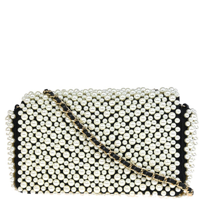 Chanel * 2019 Black White Satin Costume Pearl Shoulder Bag
