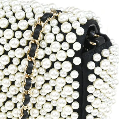 Chanel * 2019 Black White Satin Costume Pearl Shoulder Bag