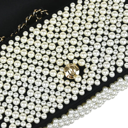Chanel * 2019 Black White Satin Costume Pearl Shoulder Bag