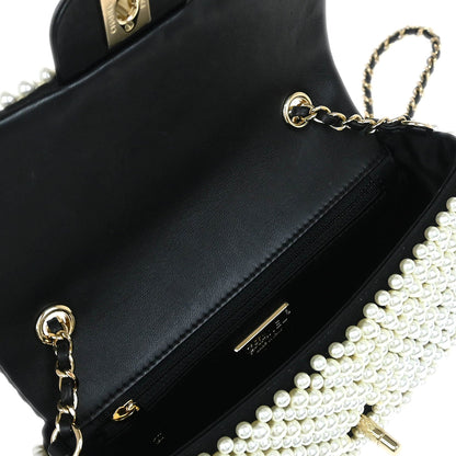 Chanel * 2019 Black White Satin Costume Pearl Shoulder Bag