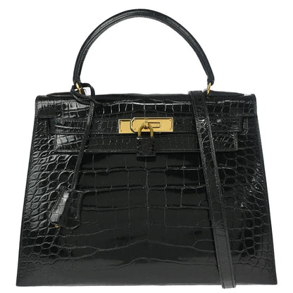 Hermes * Black Alligator Kelly 28 Sellier 2way Shoulder Handbag