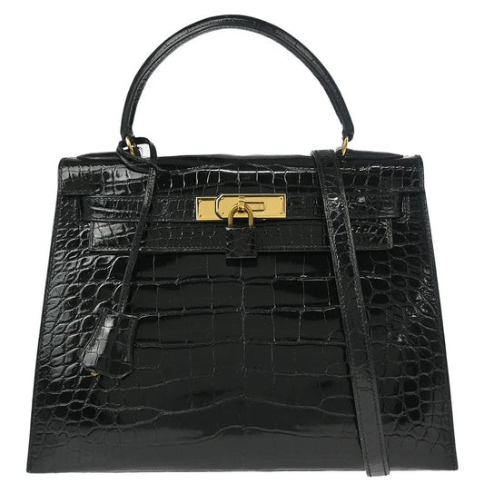 Hermes * Black Alligator Kelly 28 Sellier 2way Shoulder Handbag