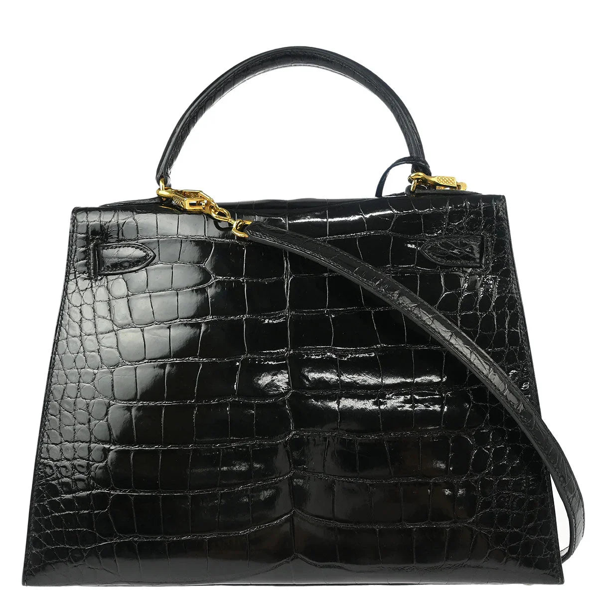 Hermes * Black Alligator Kelly 28 Sellier 2way Shoulder Handbag