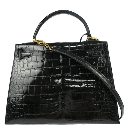 Hermes * Black Alligator Kelly 28 Sellier 2way Shoulder Handbag