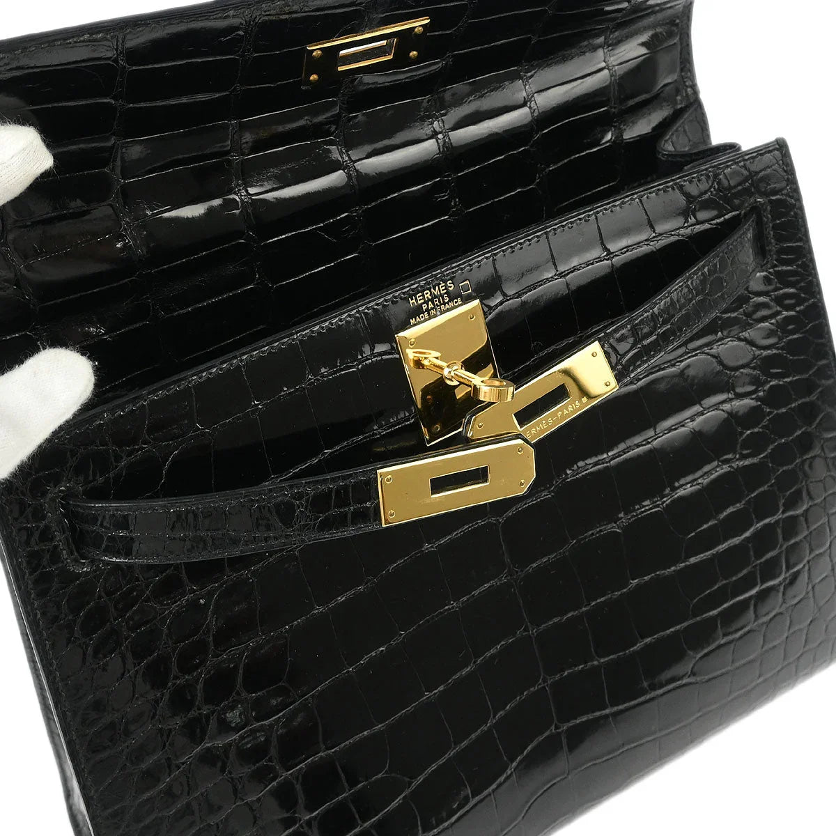 Hermes * Black Alligator Kelly 28 Sellier 2way Shoulder Handbag