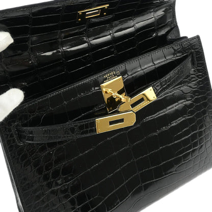 Hermes * Black Alligator Kelly 28 Sellier 2way Shoulder Handbag