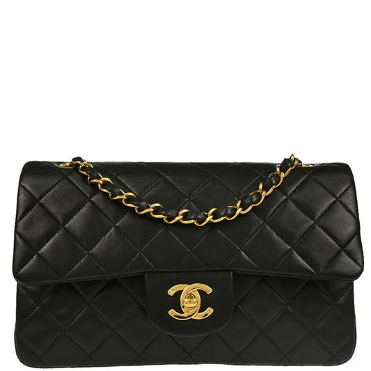 Chanel 1991-1994 Black Lambskin Small Classic Double Flap Shoulder Bag