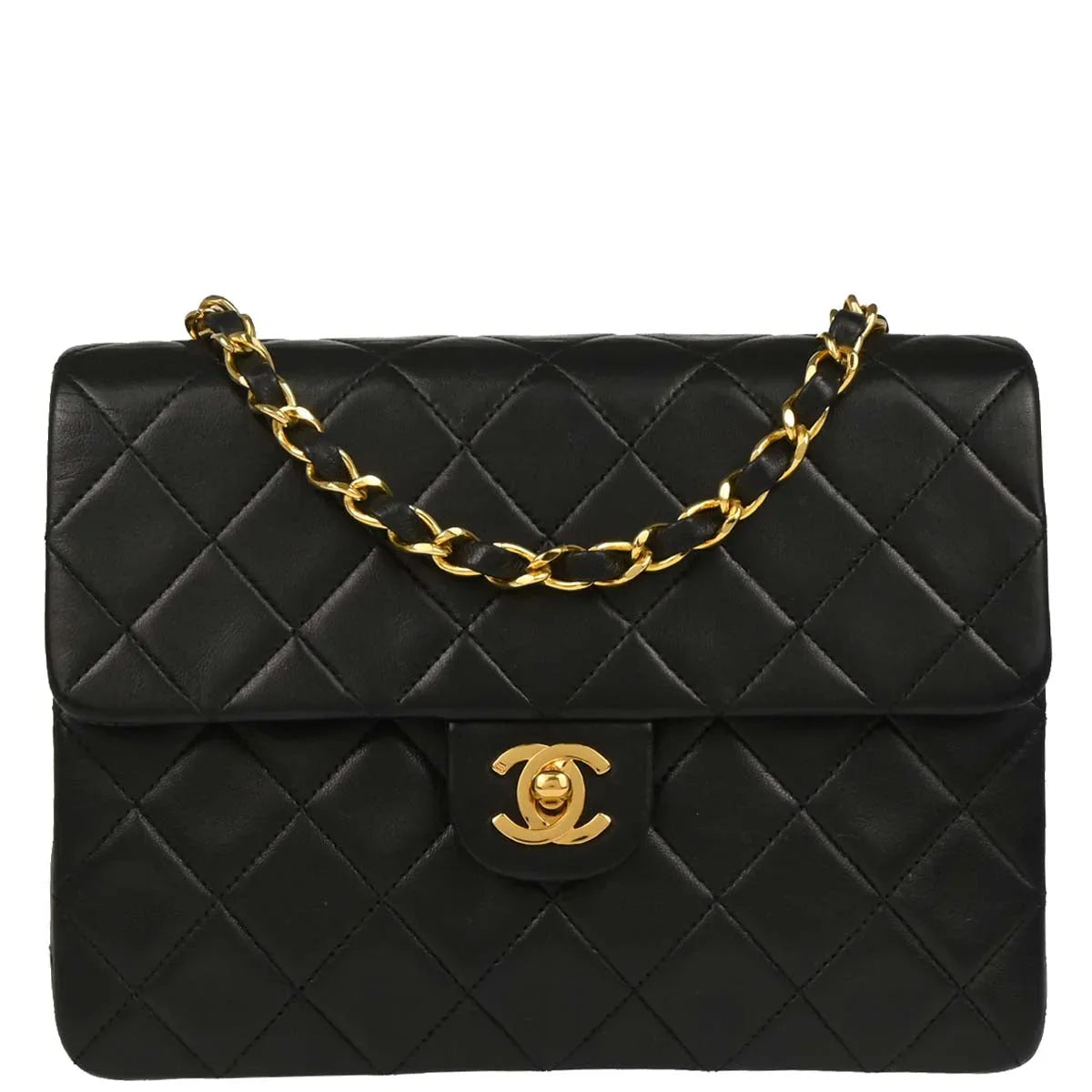 Chanel 1989-1991 Black Lambskin Classic Square Flap Shoulder Bag