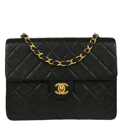 Chanel 1989-1991 Black Lambskin Classic Square Flap Shoulder Bag