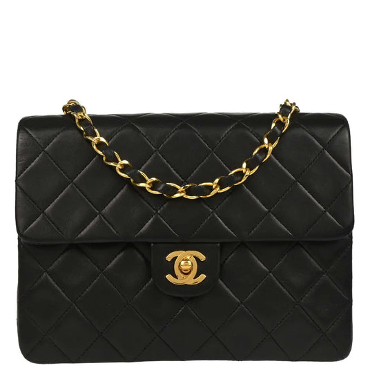 Chanel 1989-1991 Black Lambskin Classic Square Flap Shoulder Bag