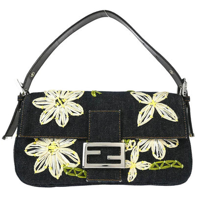 Fendi 2000 Denim Embroidered Baguette Handbag