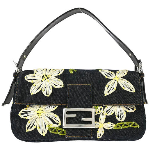Fendi 2000 Denim Embroidered Baguette Handbag