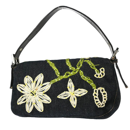 Fendi 2000 Denim Embroidered Baguette Handbag