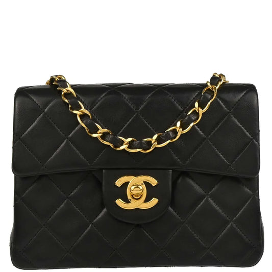 Chanel 1989-1991 Black Lambskin Mini Classic Square Flap Shoulder Bag