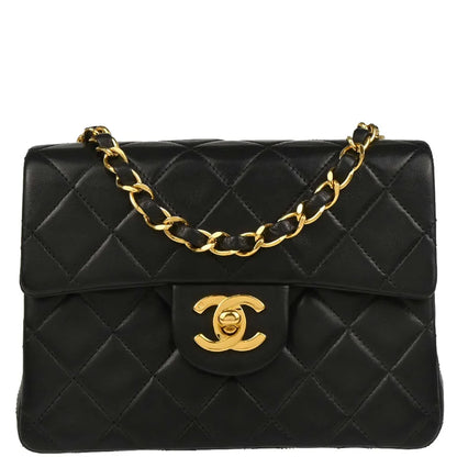 Chanel 1989-1991 Black Lambskin Mini Classic Square Flap Shoulder Bag