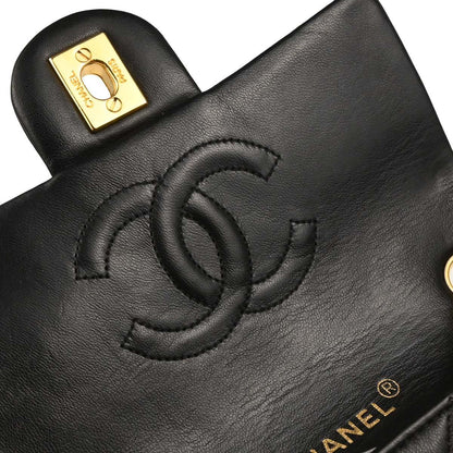 Chanel 1989-1991 Black Lambskin Mini Classic Square Flap Shoulder Bag