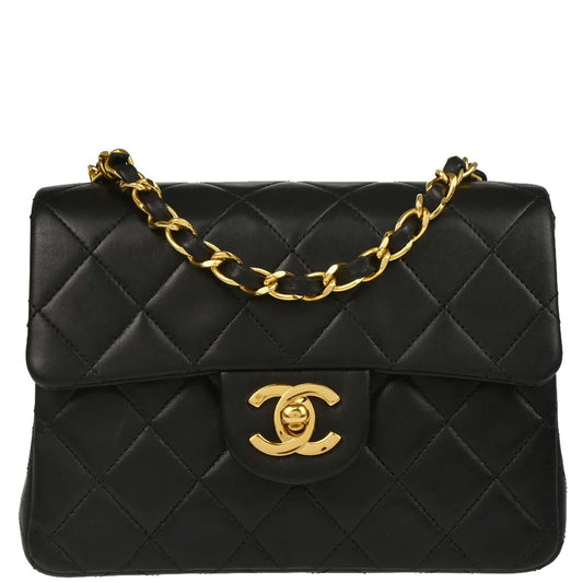 Chanel 1989-1991 Black Lambskin Mini Classic Square Flap Shoulder Bag