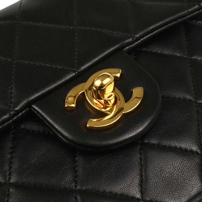 Chanel 1989-1991 Black Lambskin Mini Classic Square Flap Shoulder Bag