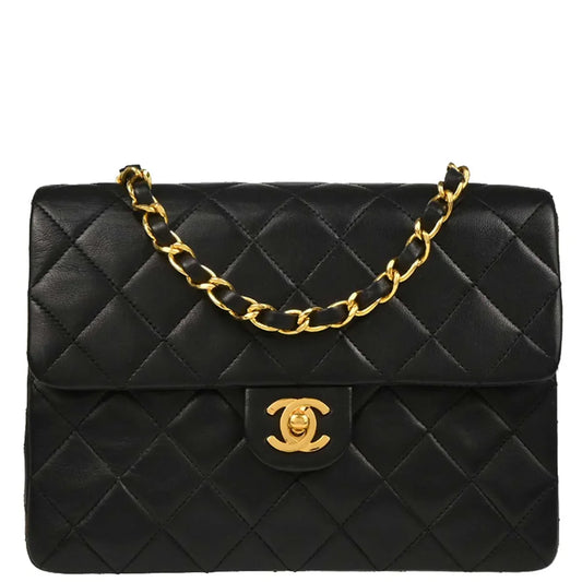 Chanel 1989-1991 Black Lambskin Classic Square Flap Shoulder Bag