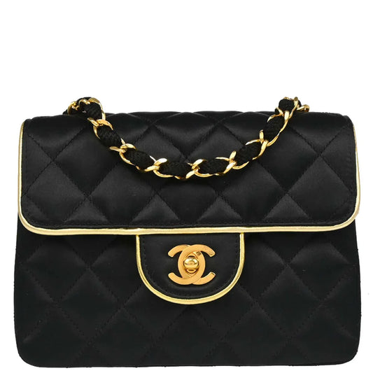 Chanel 1989-1991 Black Satin Mini Classic Square Flap Shoulder Bag
