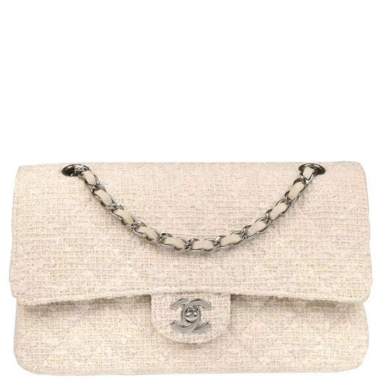 Chanel 2003-2004 White Tweed Medium Classic Double Flap Shoulder Bag