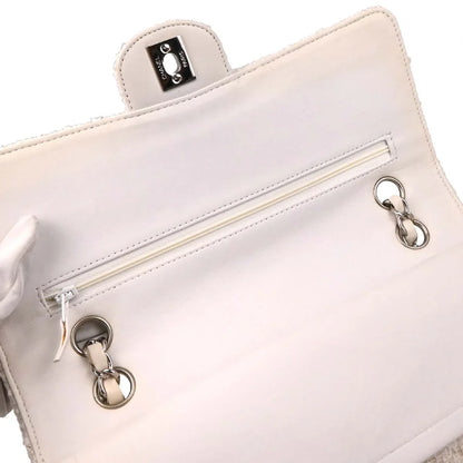 Chanel 2003-2004 White Tweed Medium Classic Double Flap Shoulder Bag