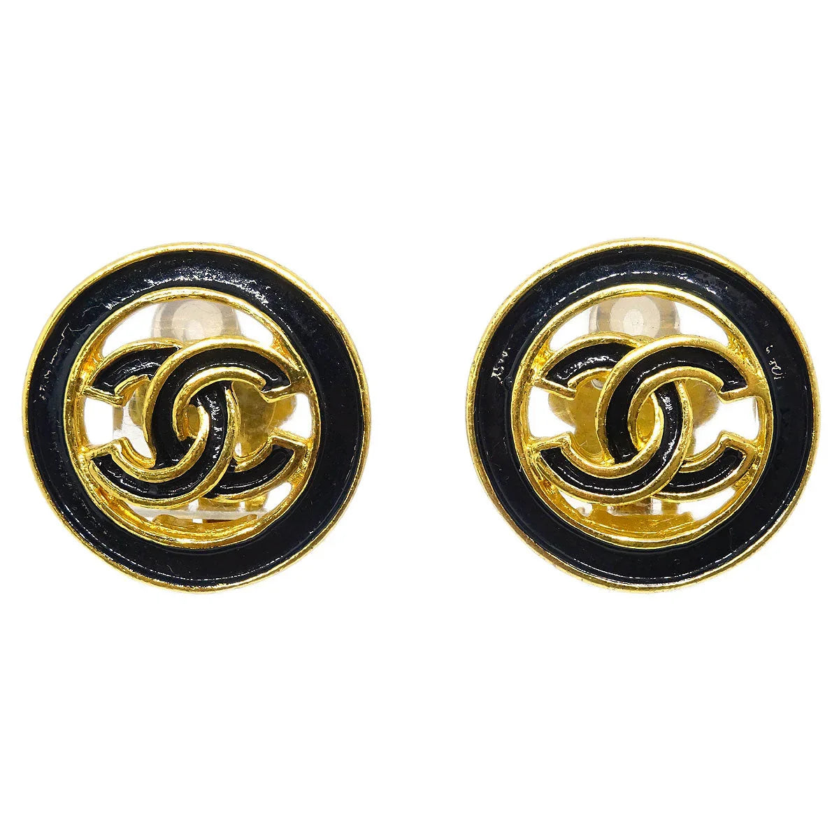 Chanel Gold Black Button Earrings Clip-On 93C